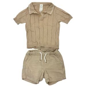 H&M Tan Beige Knit Polo Shirt Top & Cotton Shorts 2 Piece Outfit Size 12 Months